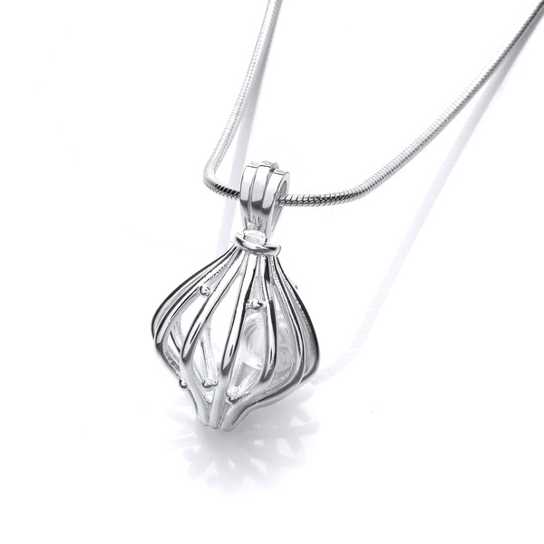 Silver lantern birdcage pendant with fresh water pearl. Comes on a 16 - 18" Silver Chain
