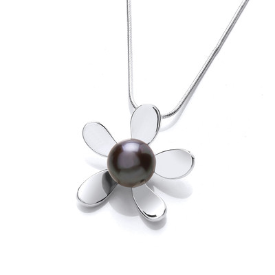 Sterling Silver and Black Pearl Daisy Pendant