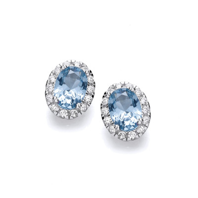 Silver & Aquamarine Cubic Zirconia Oval Earrings