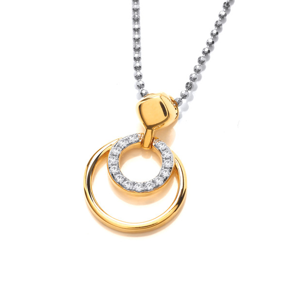 Silver, Gold & Cubic Zirconia Hoop Duo Pendant with 16-18 Silver Chain