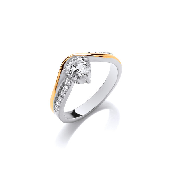 Silver, Gold & Cubic Zirconia Solitaire Crossover Ring