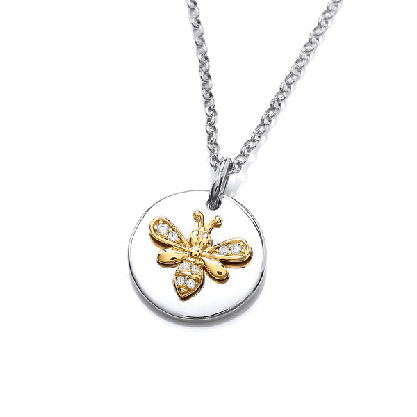Silver, Gold & Cubic Zirconia Disc Bee Necklace