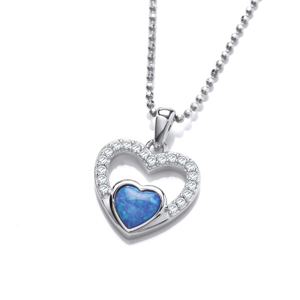 Silver, Cubic Zirconia & Opalique Heart Pendant with 16-18 Silver Chain