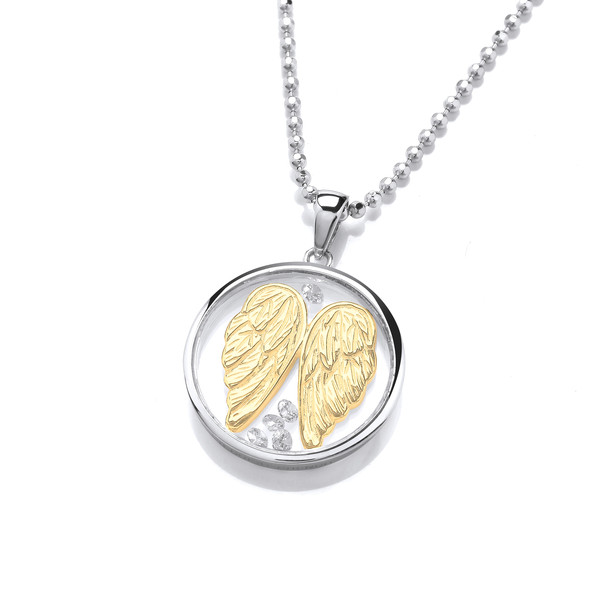 Celestial Silver, Cubic Zirconia & Gold Angel Wings Pendant with 20-22 Silver Chain