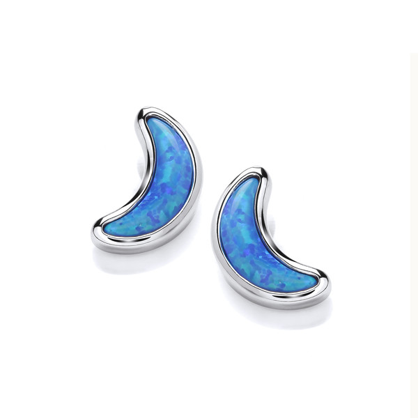 Simple Silver & Opalique Crescent Moon Earrings