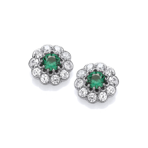 Silver & Emerald Cubic Zirconia Flower Earrings