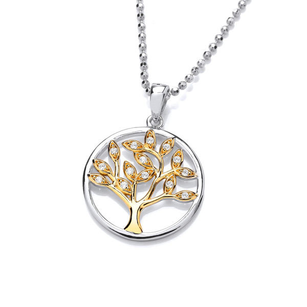 Silver, Gold & Cubic Zirconia Tree of Life Design Pendant with 18-20 Silver Chain