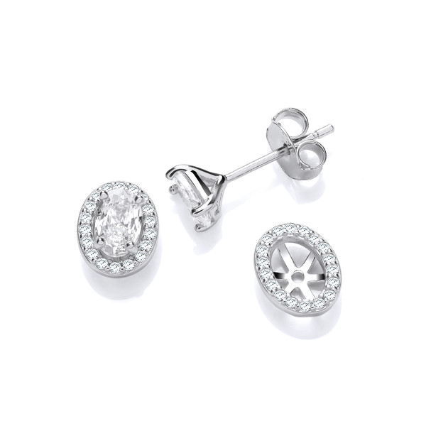 Silver & Oval Cubic Zirconia Solitaire Earrings with Jacket