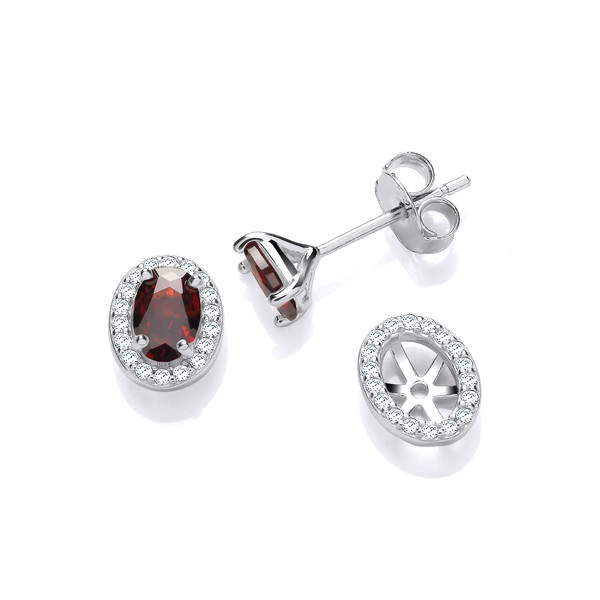 Silver & Oval Ruby Cubic Zirconia Solitaire Earrings with Jacket