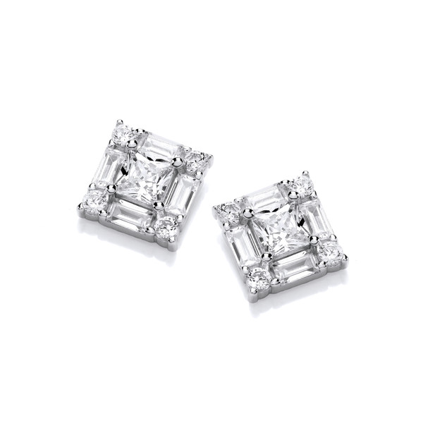 Silver & Cubic Zirconia Squares & Solitaires Earrings