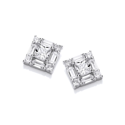 Silver & Cubic Zirconia Squares & Solitaires Earrings
