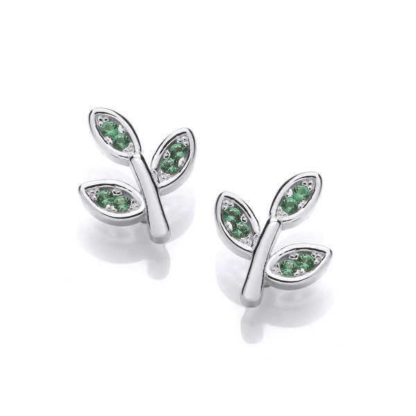 Silver & Emerald Cubic Zirconia Leaf Earrings