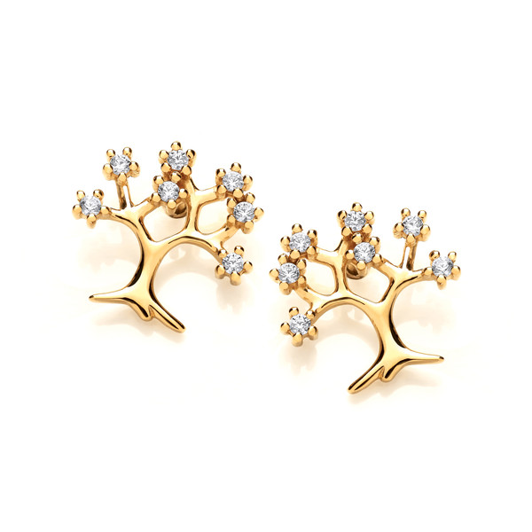 Silver, Gold & Cubic Zirconia Tree of Life Design Earrings