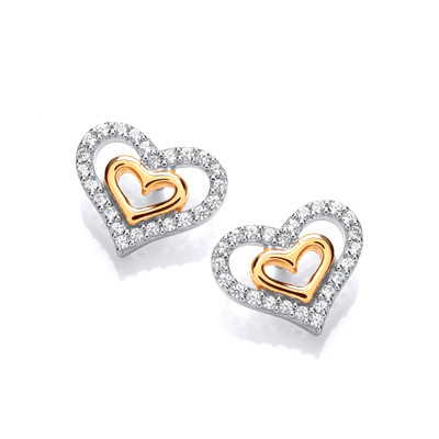 Silver, Gold & Cubic Zirconia Double Heart Earrings