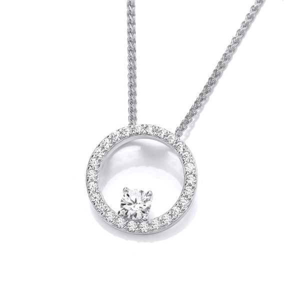 Silver & Encircled Cubic Zirconia Solitaire Pendant with 16-18 Silver Chain