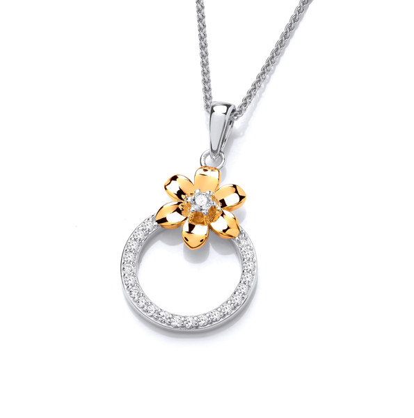 Silver, Gold & Cubic Zirconia Flower of Hope Pendant with 16-18 Silver Chain