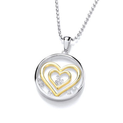 Celestial Silver, Gold & Cubic Zirconia Twin Hearts Pendant