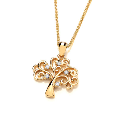 Silver, Gold & Cubic Zirconia Tree of Life Design Necklace