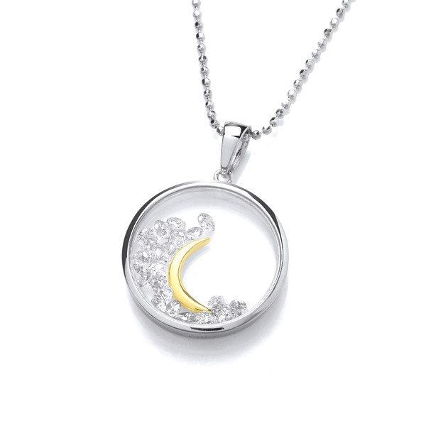 Celestial Gold Moon Reflection Pendant with 16-18 Silver Chain
