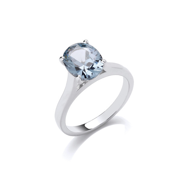 Silver &  Aqua Cubic Zirconia Mounted Solitaire Ring