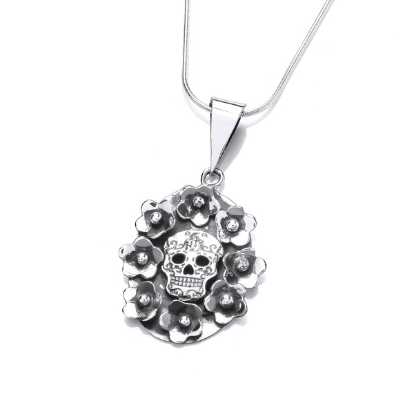 Silver Skull & Flowers Pendant without Chain