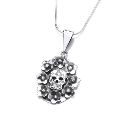Silver Skull & Flowers Pendant