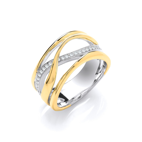 Silver, Gold & Cubic Zirconia Wide Strand Ring