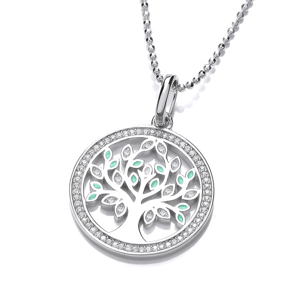 Silver, Cubic Zirconia & Turquoise Tree of Life Design Pendant with 16-18 Silver Chain