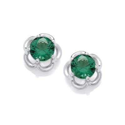 Silver & Emerald Cubic Zirconia Halo Flower Earrings