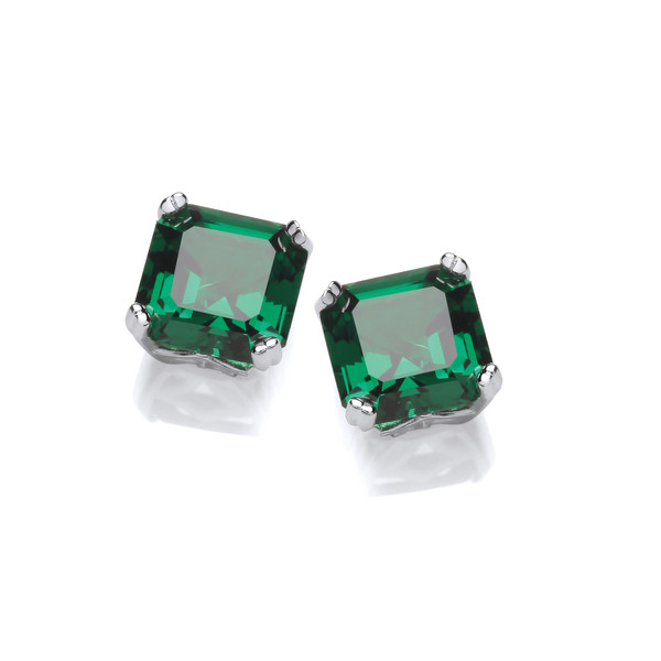 Silver & Emerald Cubic Zirconia Square Solitaire Earrings