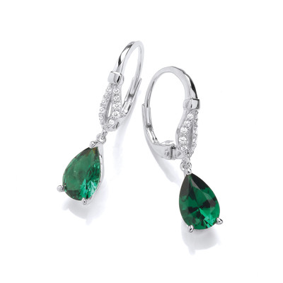 Silver & Emerald Cubic Zirconia Pear Drop Earrings