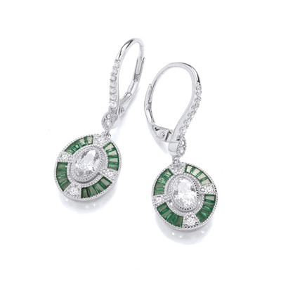 Silver & Emerald Cubic Zirconia Oval Deco Drop Earrings