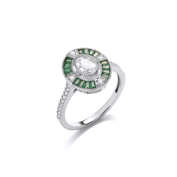 Silver & Emerald Cubic Zirconia Oval Deco Ring