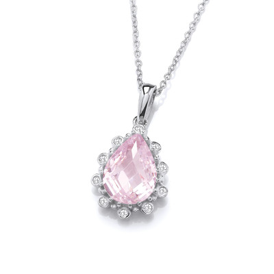 Silver & Pink Diamond Cubic Zirconia Teardrop Necklace
