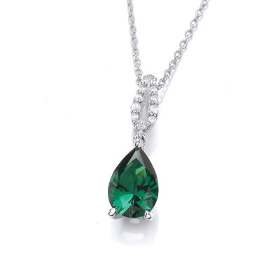 Silver & Emerald Cubic Zirconia Pear Drop Necklace