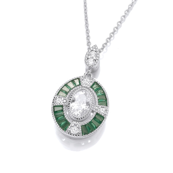 Silver & Emerald Cubic Zirconia Oval Deco Necklace