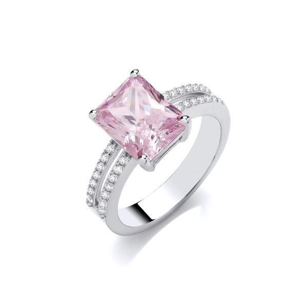 Silver & Pink Cubic Zirconia Solitaire & Double Row Ring