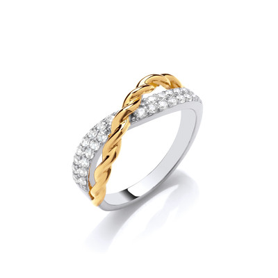 Silver, Cubic Zirconia & Gold Crossover Twist Ring