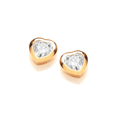 Silver, Gold & Cubic Zirconia Heart Solitaire Earrings