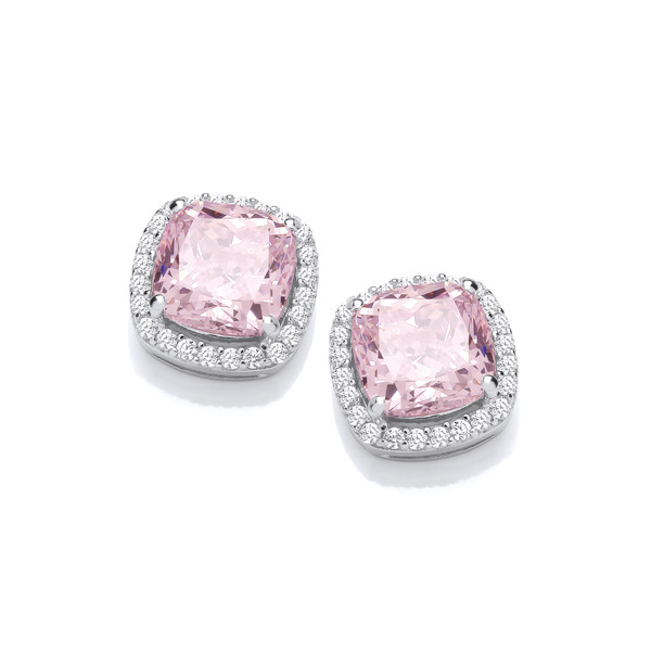Silver & Pink Cubic Zirconia Square Cushion Earrings