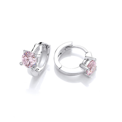 Tiny Pink Cubic Zirconia Solitaire Silver Huggie Earrings