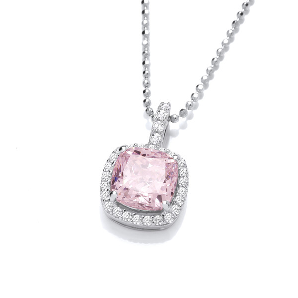 Silver & Pink Cubic Zirconia Square Pillow Pendant with a 16-18 Silver Chain