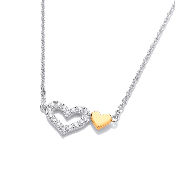 Silver, Gold & Cubic Zirconia Twin Hearts Necklace