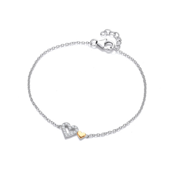 Silver, Gold & Cubic Zirconia Twin Hearts Bracelet