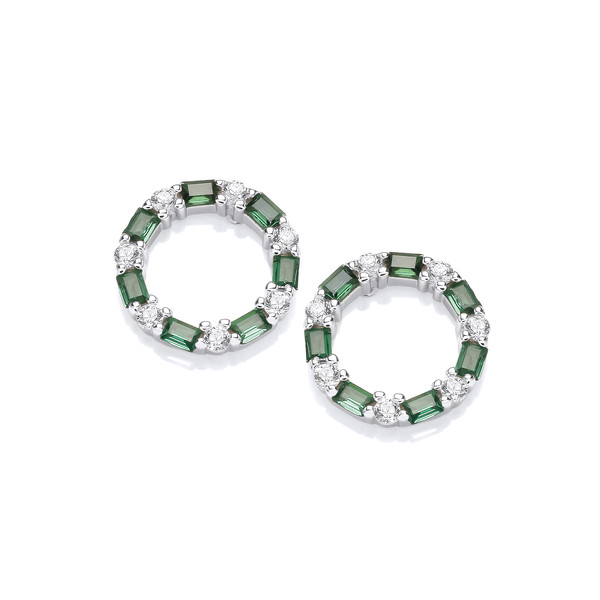 Silver & Emerald Cubic Zirconia Deco Style Earrings