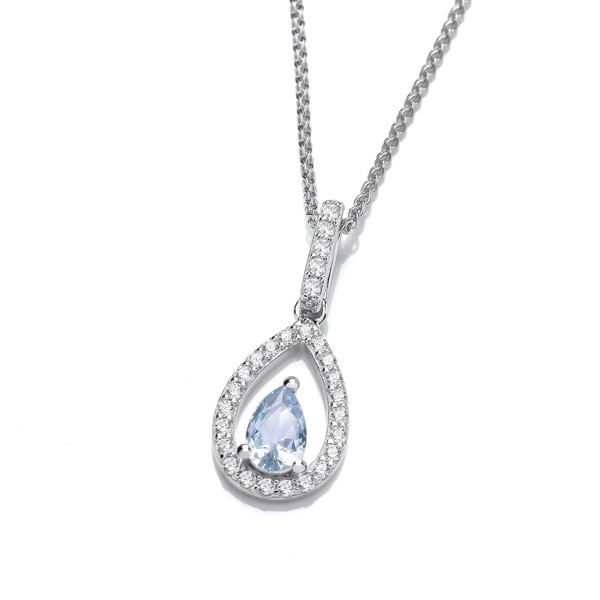 Silver & Aqua Cubic Zirconia Two Tears Pendant with 16-18 Silver Chain