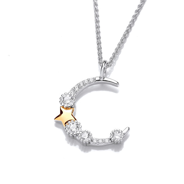 Silver, Gold Star & Cubic Zirconia Crescent Moon Pendant without Chain