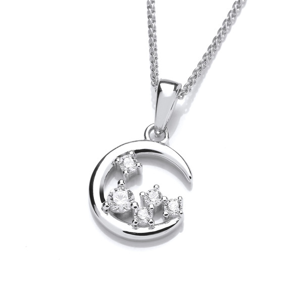 Silver & Cubic Zirconia Moon & Stars Pendant with 16-18 Silver Chain