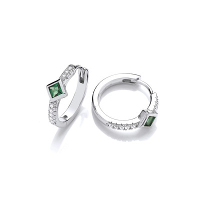 Silver & Emerald Cubic Zirconia Designer Huggie Earrings