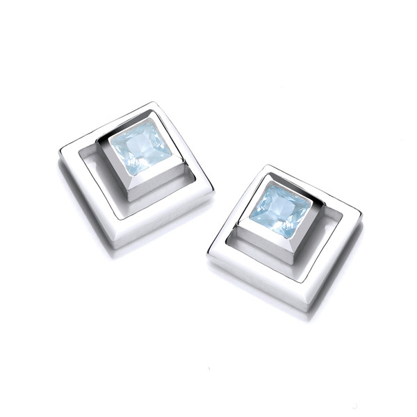 Silver & Aqua Cubic Zirconia Squares Earrings